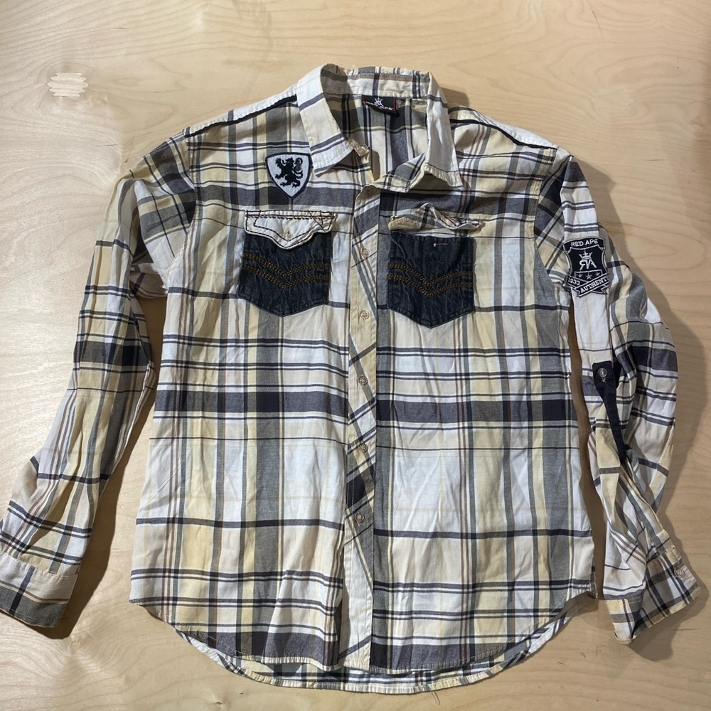 Red Ape Plaid Button-Up Shirt with Crest Patches XL (GC)